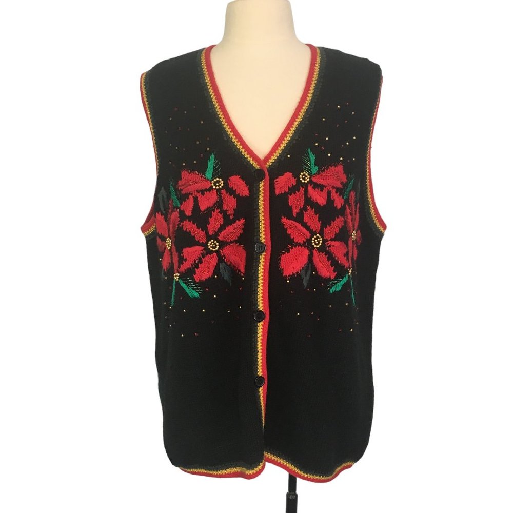 Westbound Vintage Ugly Christmas Sweater Vest, Black Red Poinsettias XL